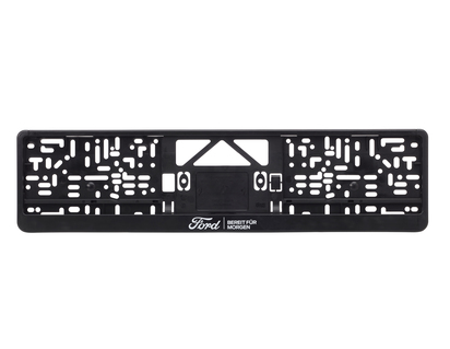 Ford License Plate Holder black, with white Ford logo and "BEREIT FÜR MORGEN'' lettering