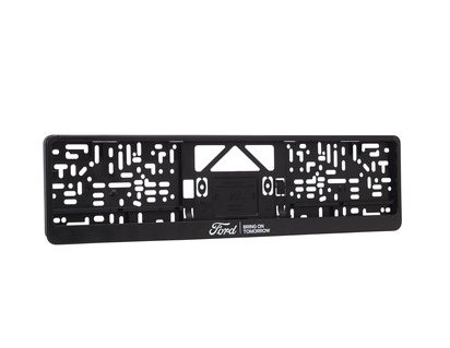 Ford License Plate Holder black, with white Ford logo and "BRING ON TOMORROW" lettering