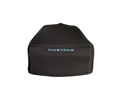 Housse de protection premium noire, avec garnissage bleu, logo Mustang bleu et lettrage Mustang bleu