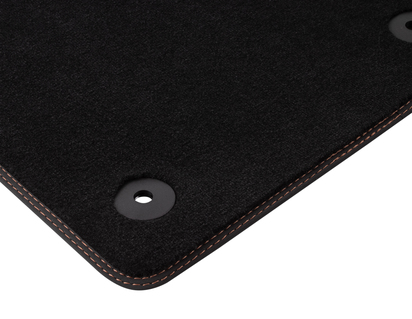 Velour Floor Mats front, black with cognac double stitching